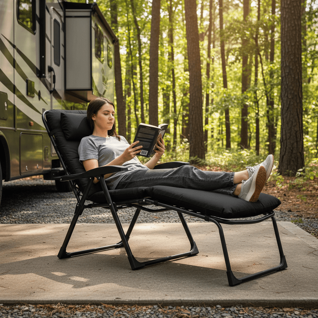 KingCamp Oversize Lounge Chair Outdoor, Extra Large Padded Folding 5 Positions Chaise Tanning Chairs with Pillow & Side Table for Outside Sunbathing Beach Patio Pool Camping (Black)